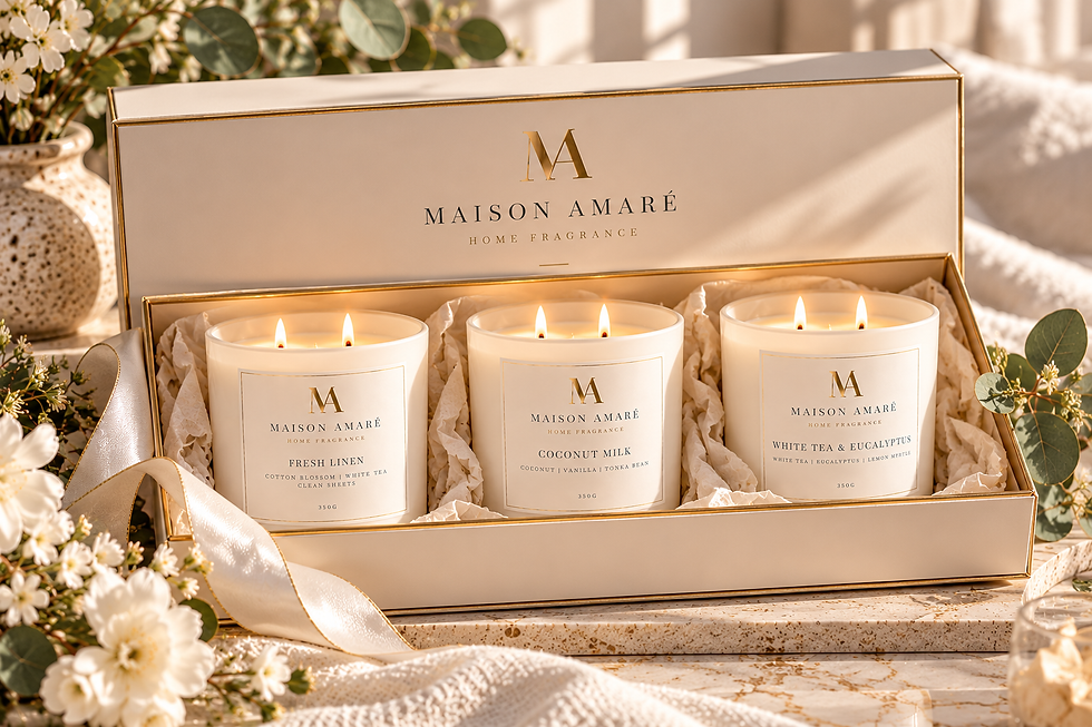 Maison Amaré fragrance candle duo in a white gift box
