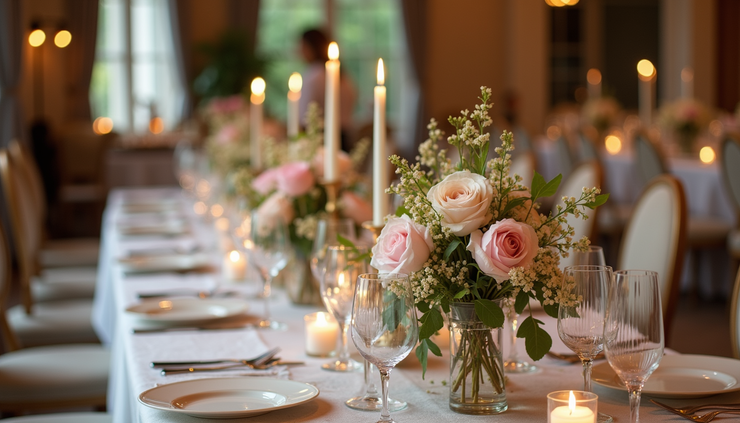 High angle view of a wedding reception table set with floral centerpieces and place settings