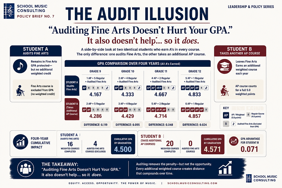 Illustrative example demonstrating why auditing Fine Arts protects GPA but does not eliminate the competitive advantage created by additional weighted coursework.