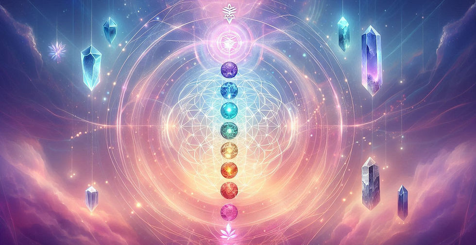 Healing after psychic surgery. Soft pastel gradients (lavender, aqua, rose gold), chakra symbols subtly glowing along the spine, floating healing crystals (amethyst, black tourmaline, clear quartz), and sacred geometry patterns (flower of life, merkaba) woven into the background. The atmosphere feels serene, multidimensional, and gently radiant, like a portal of integration and soul remembrance.
