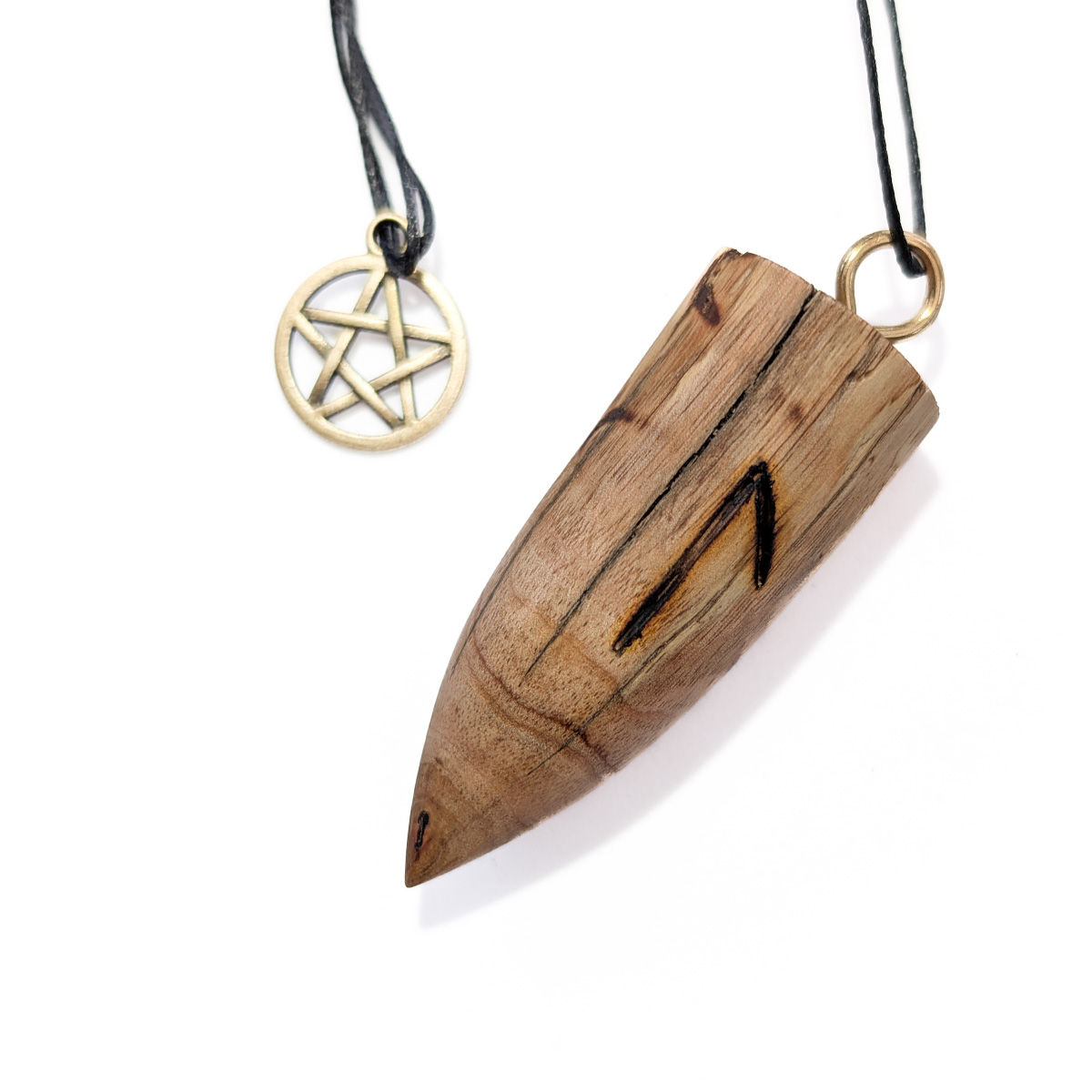 Wooden Alpine Laguz Runic Energy Balancing and Dowsing Pendulum front view up close