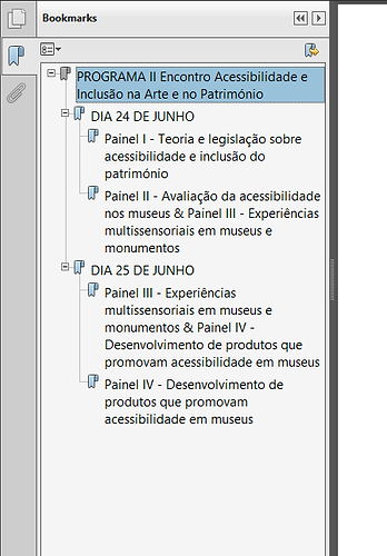 A table of contents with quick links to: the main landmark, second level headings (24th of June and 25th of June), and tertiary levels with the name and number of each panel.