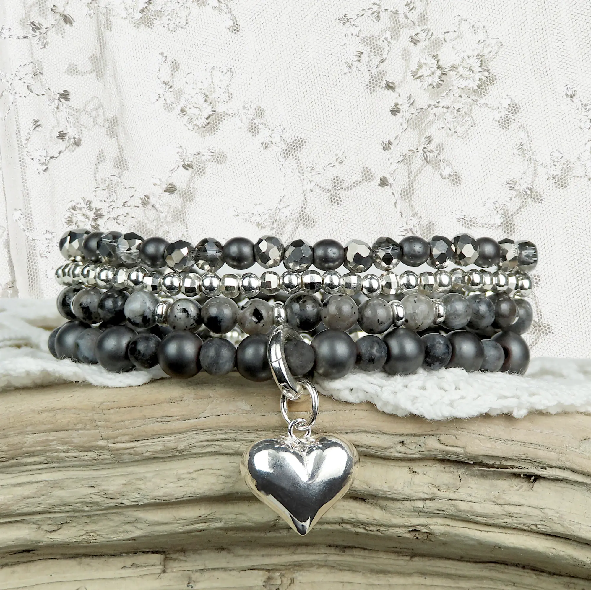 Silberarmband mit Obsidian und Labradorit