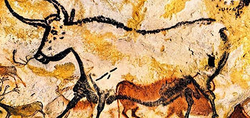 A four-legged horned bull in famous cave painting in Lascaux, France. Estimated to be approximately 20,000 years old..