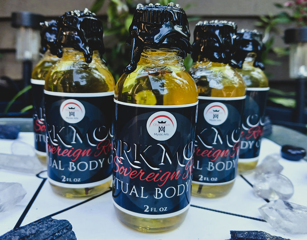 Closeup of the bottles of the body oil sitting on a sigil surrounded by crystals.