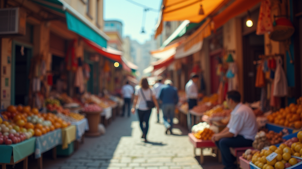 Eye-level view of a vibrant street market with colorful stalls