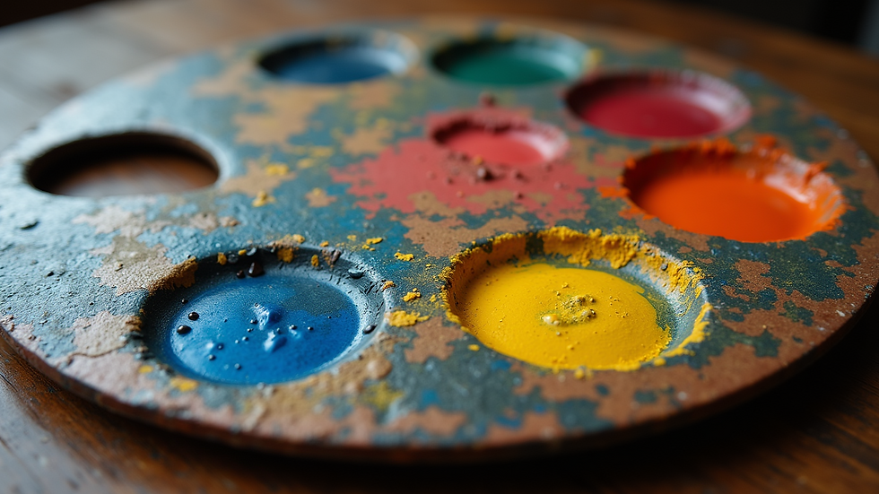 Close-up view of an antique painting palette with vibrant colors
