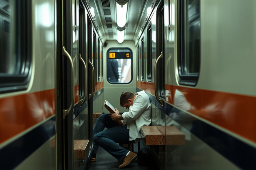 Homme en manteau blanc lisant, assis seul dans un train vide. Lumières fluorescentes, ambiance calme. Affichage indiquant "KG0".