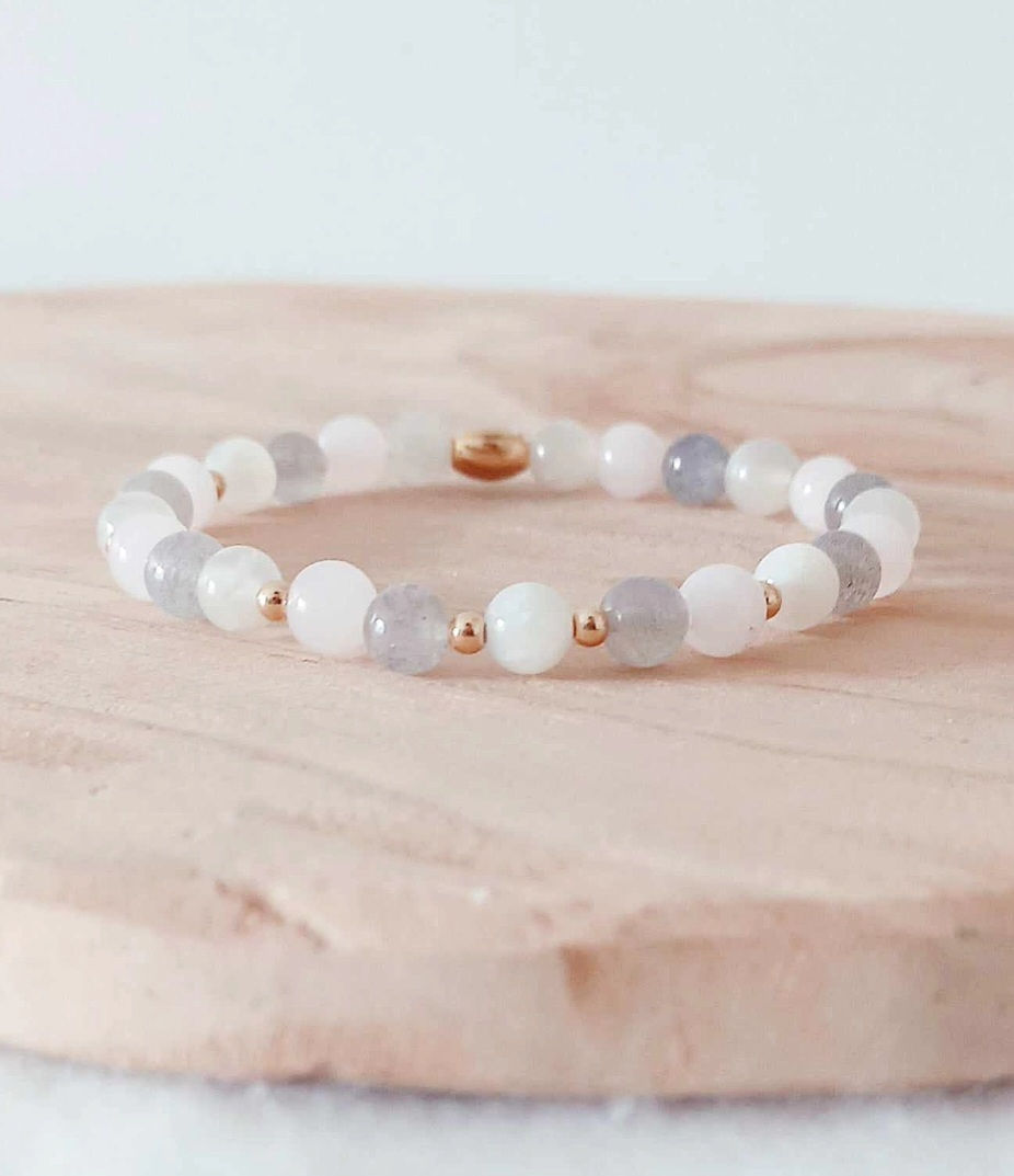 Bracelet en pierres naturelles jeune maman, maternité composé de Quartz rose, Labradorite et Pierre de Lune. labradorite