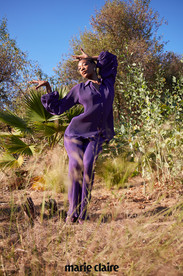 Luxury autumn fashion look featuring a purple Baruni shirt and trouser set with a Lalo cardigan sweater.