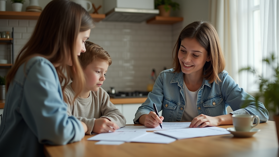 Eye-level view of a family discussing finances at a kitchen table