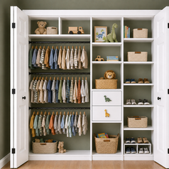 Neutral Kids closet.  Adaptable as children grow and their storage needs evolve.