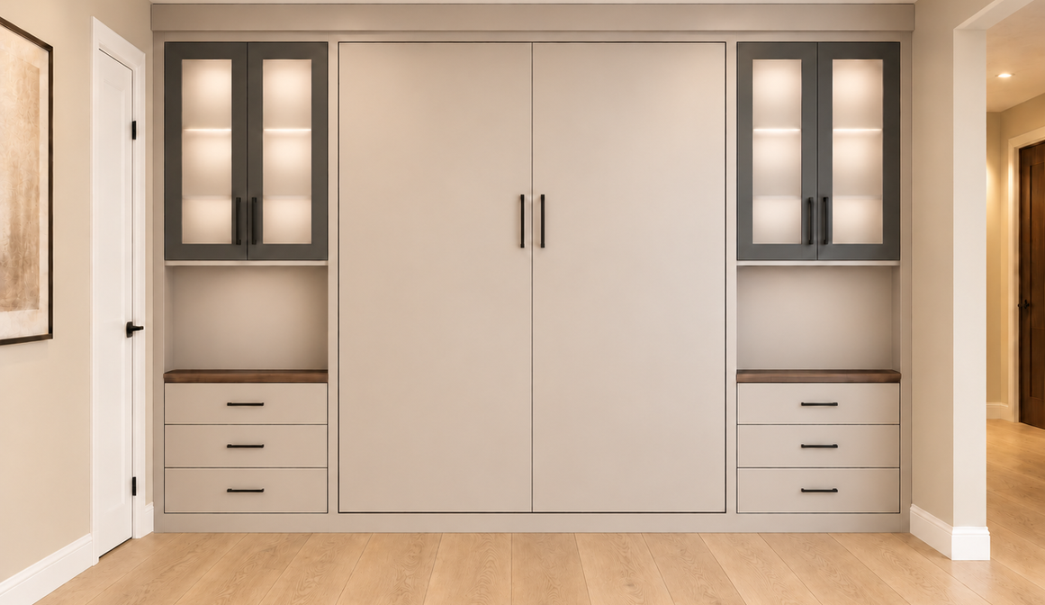 Closed queen wall bed in Pebble and Slate Grey with glass doors and built-in drawer storage.