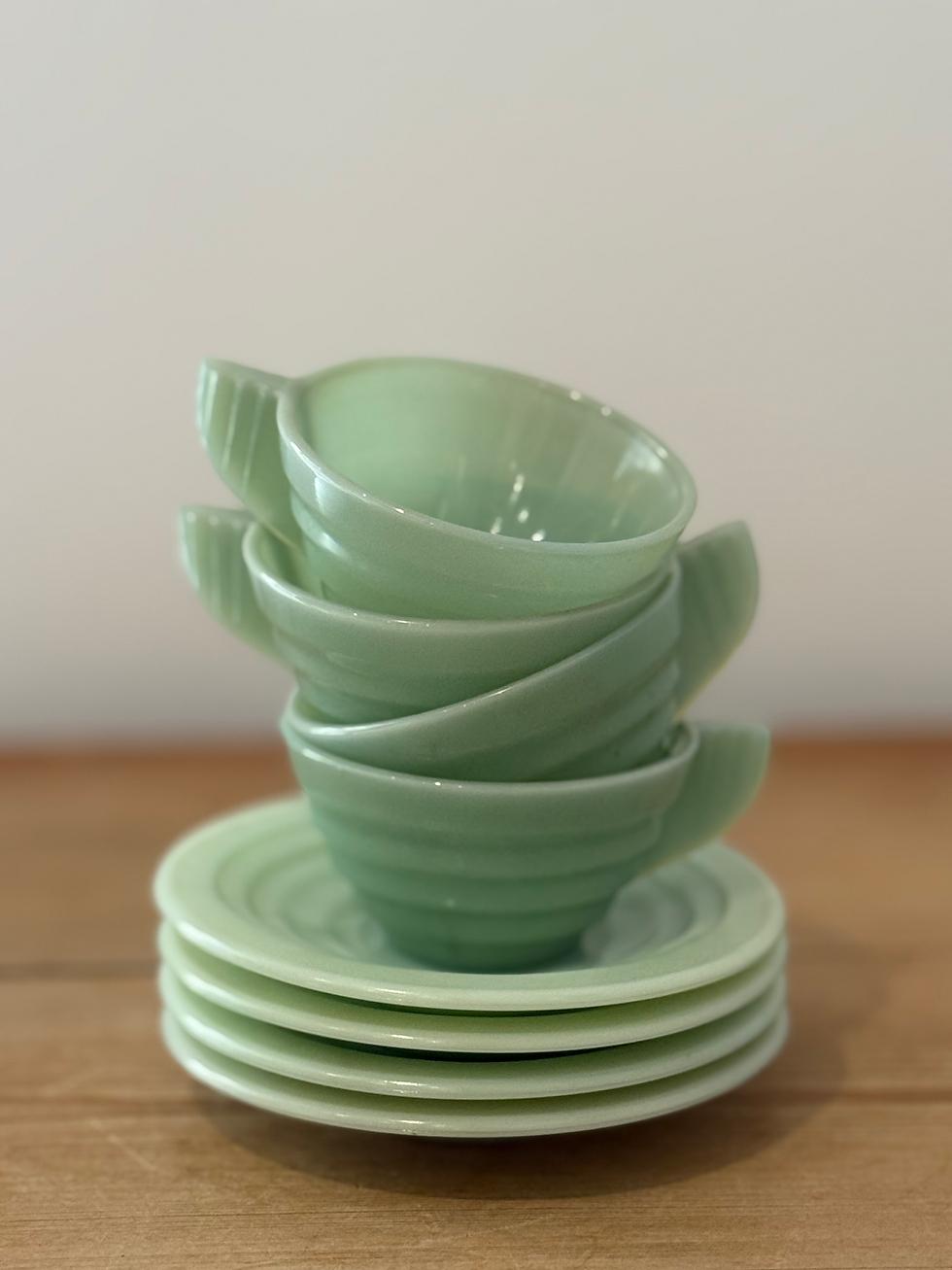 Thumbnail: Belgian Art Deco Jadeite Cup & Saucer Set