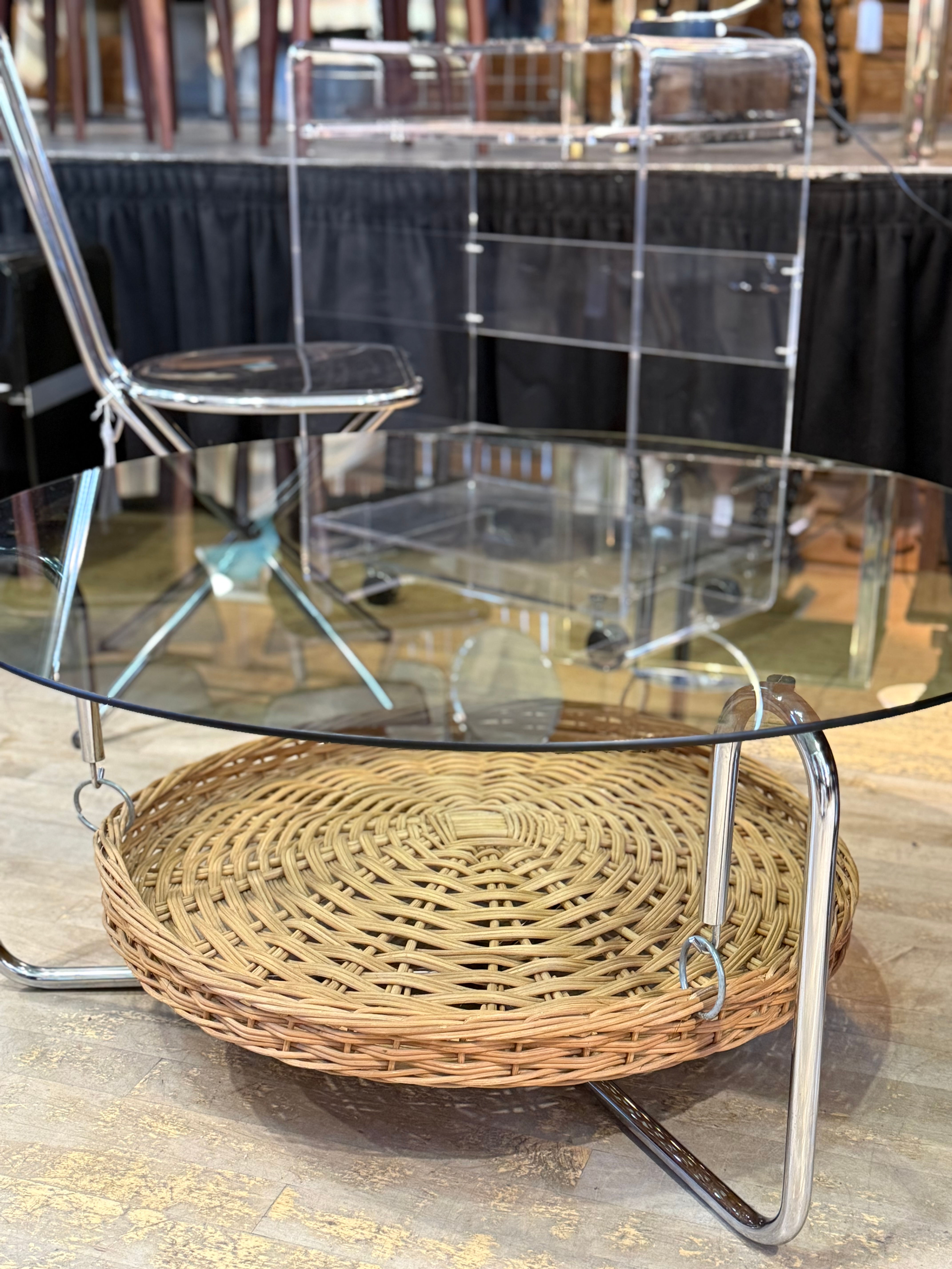 Chrome & Rattan Smoked Glass Coffee Table