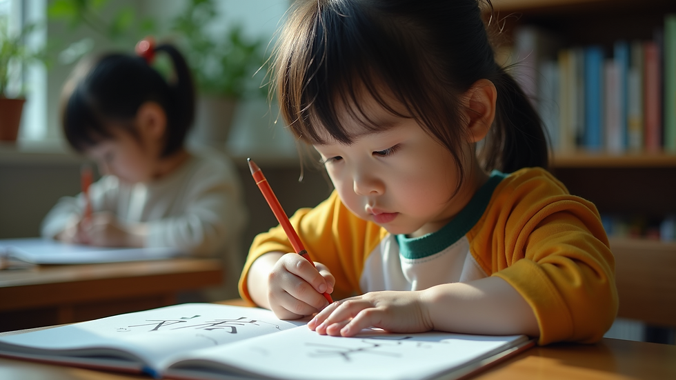 Close-up view of a child studying kanji online