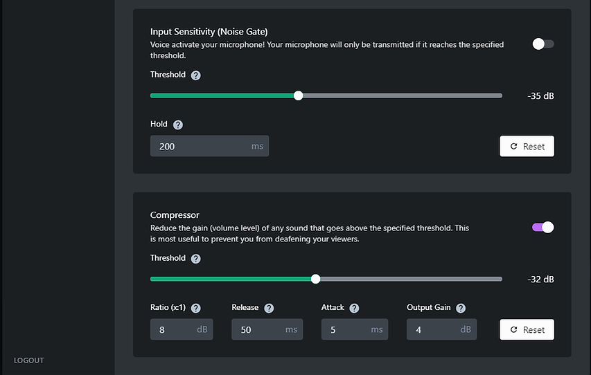 Input sensitivity and compressor options for Gamecaster Device Settings - Microphone