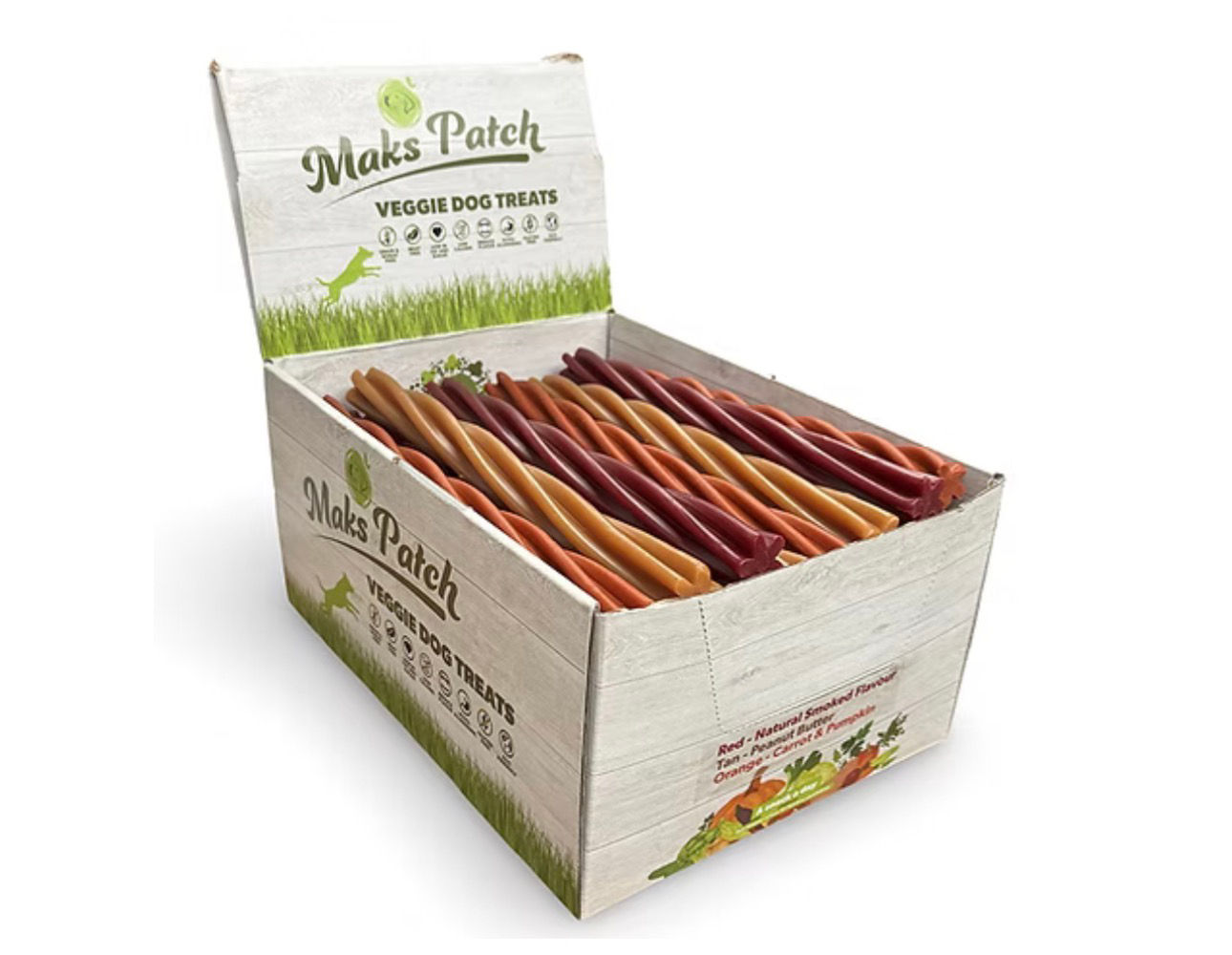 Maks Patch Veggie Dog Treats, twisted sticks in display box