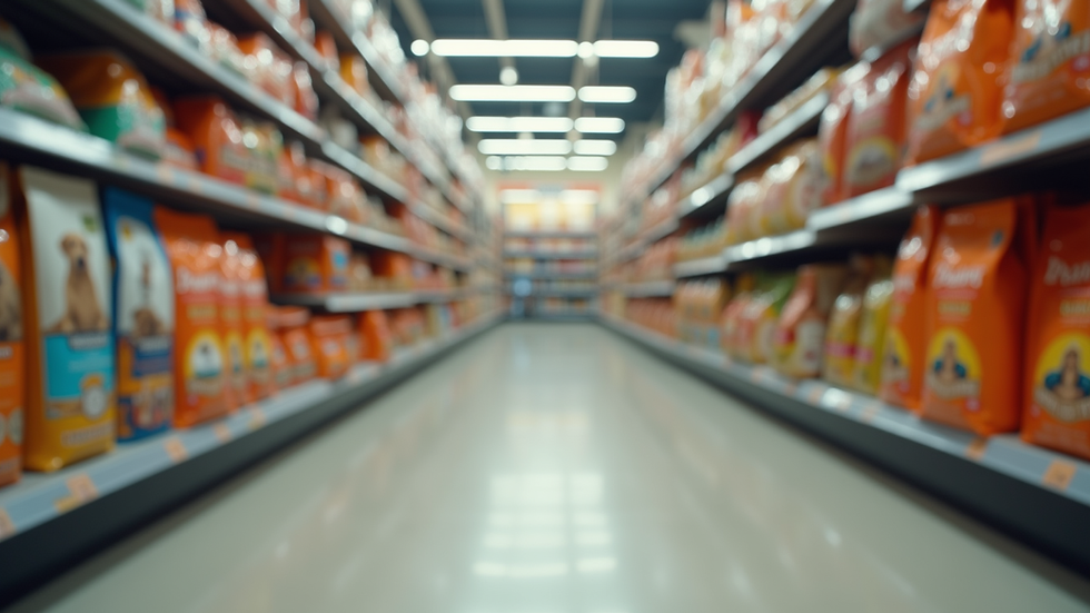 Eye-level view of pet store aisle with natural dog food bags