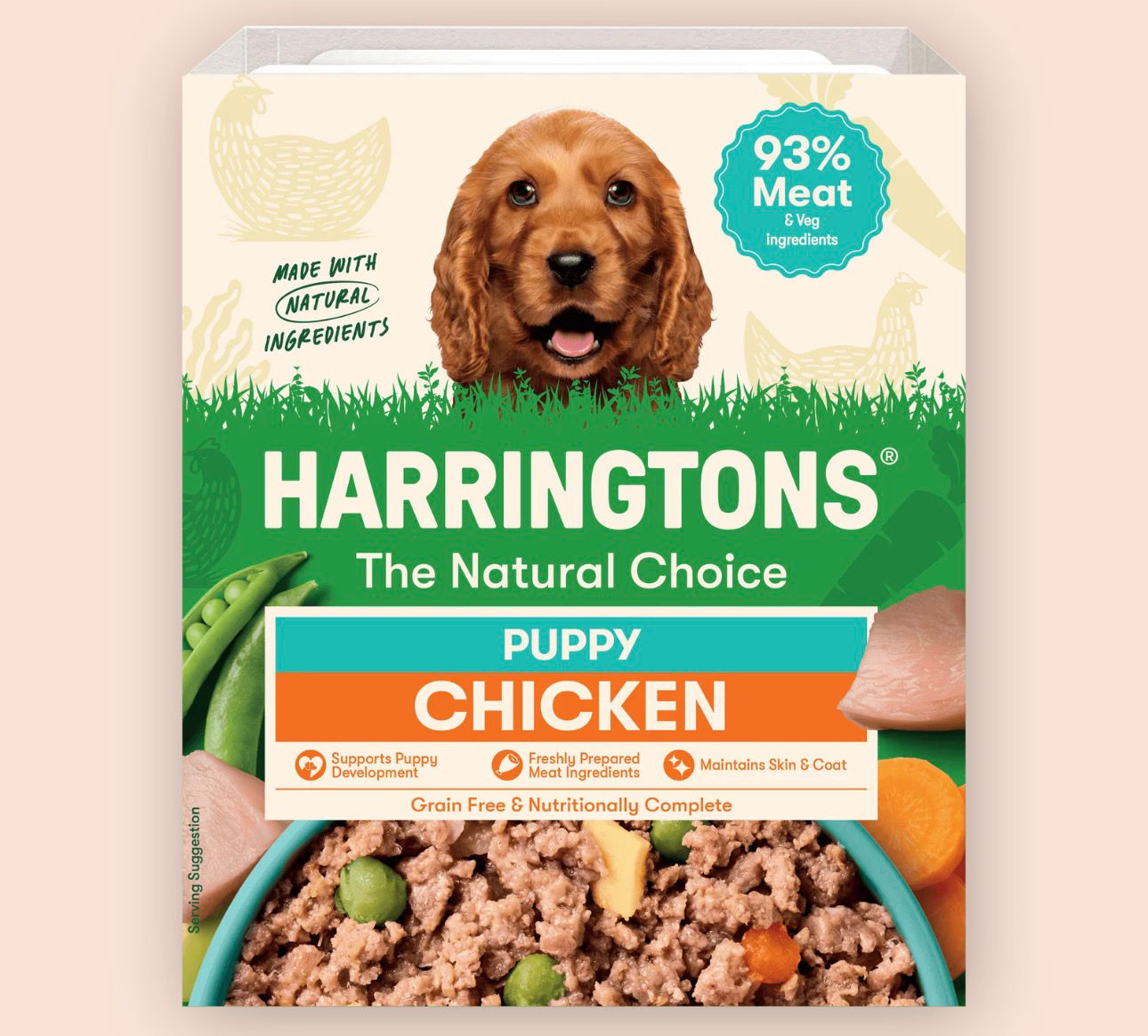Harrington's Puppy Chicken food package, 93% meat