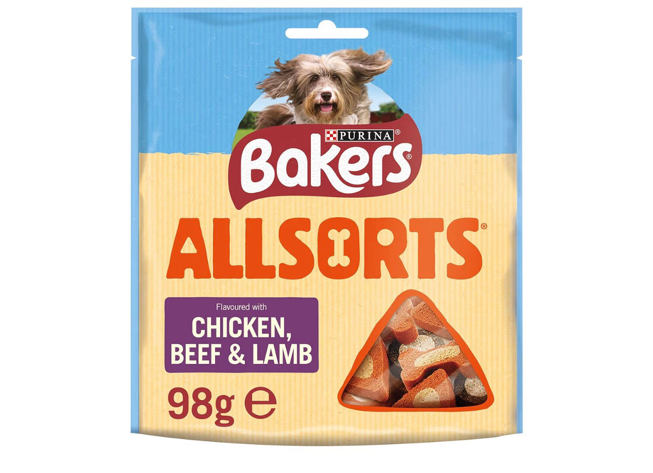 Bakers ALLSORTS dog treats, chicken, beef & lamb, 98g