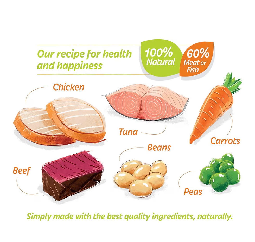 Thumbnail: Pet food ingredients: chicken, tuna, carrots, beef, beans, peas. 100% natural, 60% meat or fish.