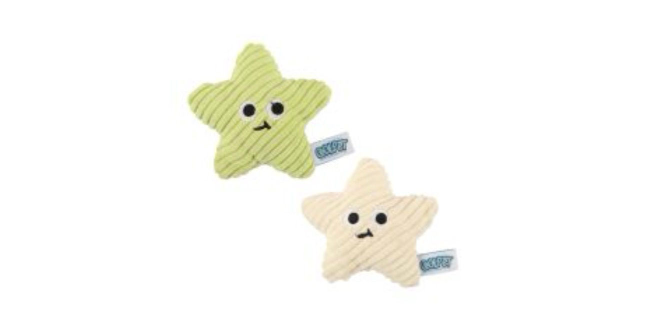Green and cream star cat toys with faces