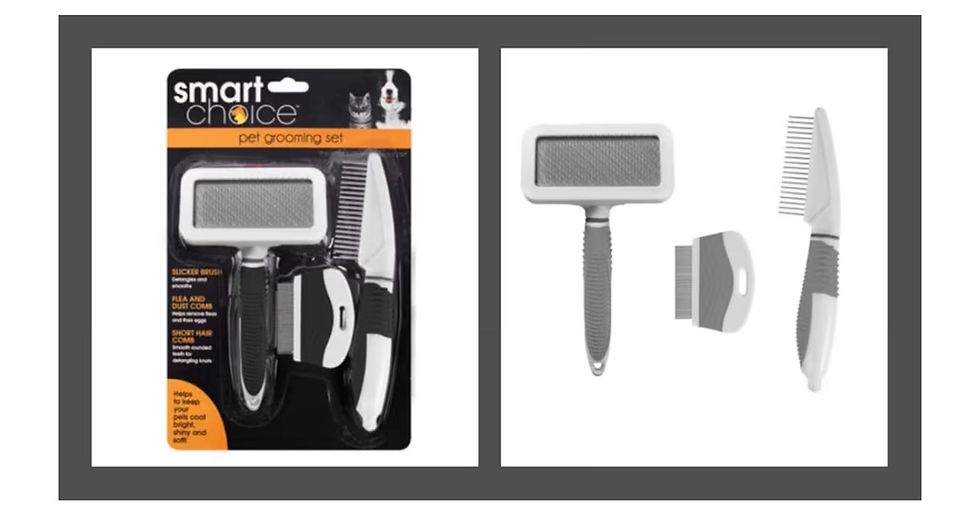 Smart Choice pet grooming set with brush, comb, and nail clipper