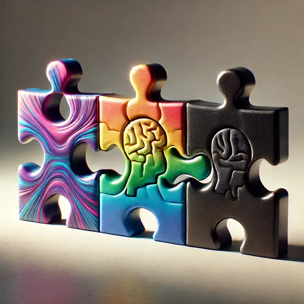 Colorful puzzle pieces with brain designs interlock, featuring swirls and gradients in pink, orange, green, and black, on a neutral background.