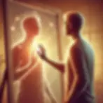 A man touches a glowing reflection in a mirror, surrounded by warm light and sparkles, conveying a mystical and introspective mood.