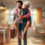 Man in a suit carries an elderly woman piggyback in a cozy living room. Hearts float around them, creating a playful, loving mood.