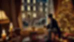 Man in festive room watches a vintage street scene through a window, featuring Christmas lights and people. Warm candlelight glow.
