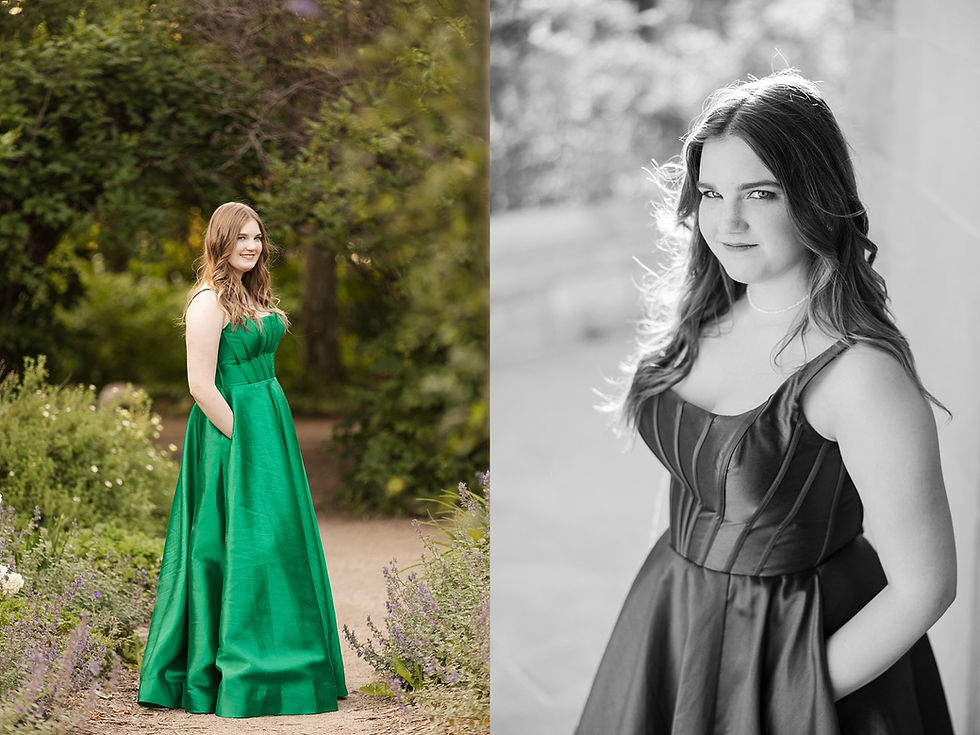 Woman in a green dress standing in a lush garden. She smiles with hands in pockets. The right image is a black-and-white portrait.
