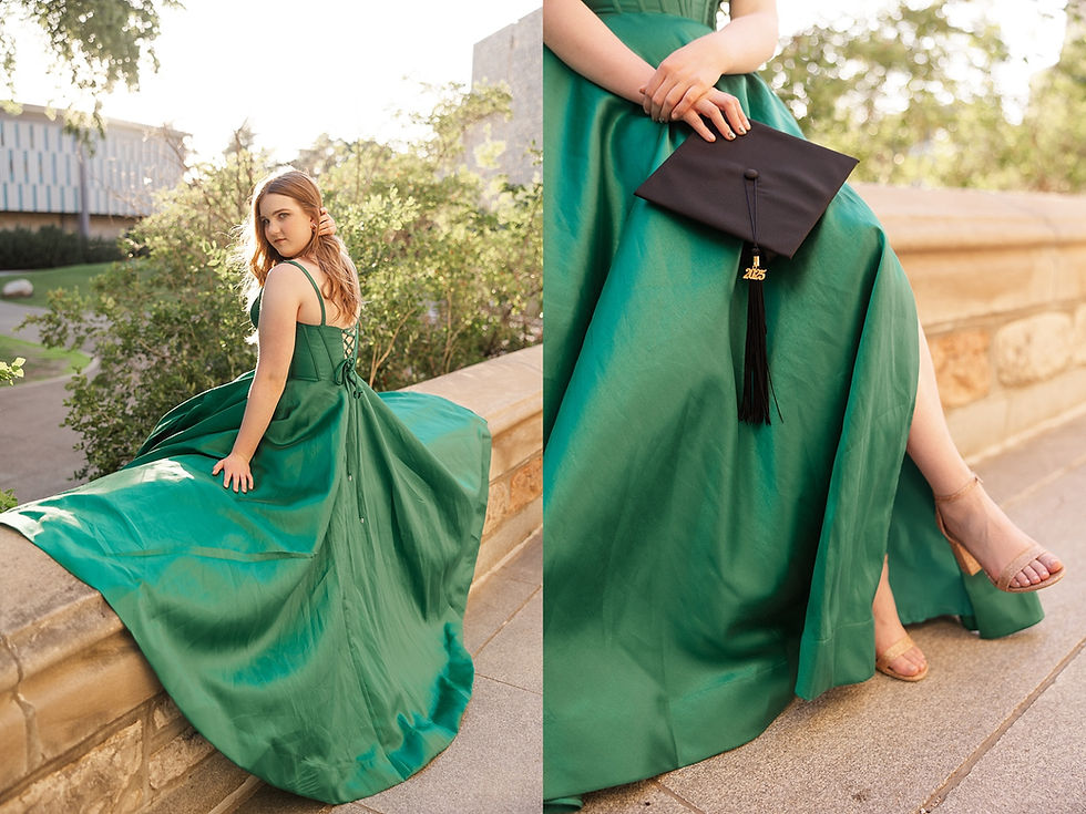 Young woman in a green dress sits on a stone ledge, holding a 2023 graduation cap. Sunny garden backdrop, relaxed mood.