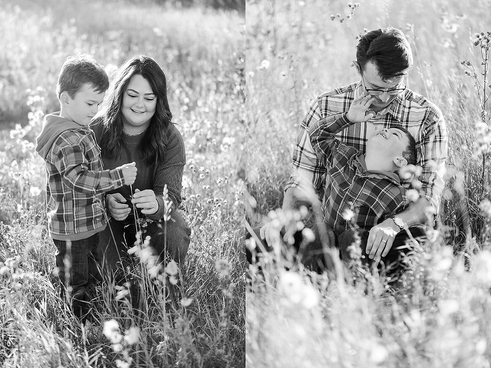 A black and white image of a family in a field. A woman kneels beside a boy holding a flower, while a man holds a smiling child on his lap.