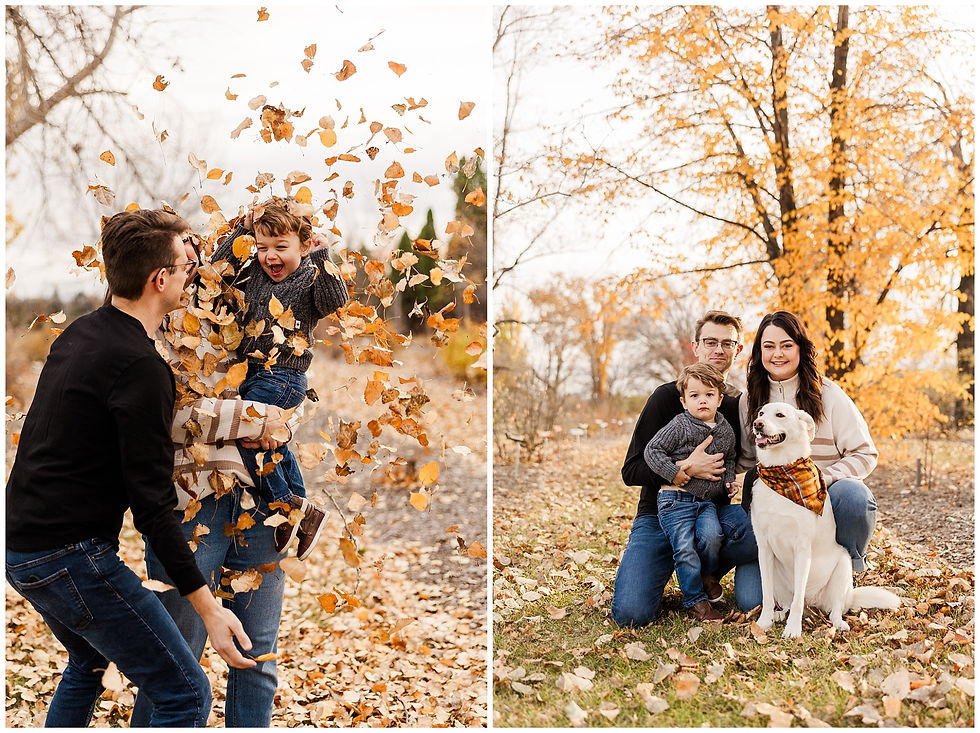 family throwing leaves