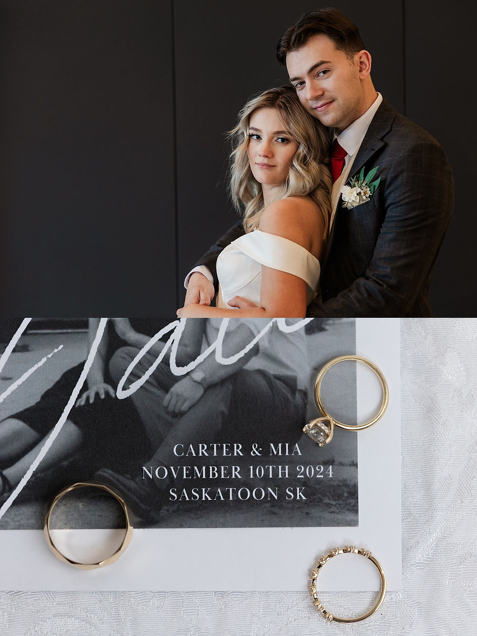Couple embraces in elegant attire, emotional and content. Below, wedding invite with rings. Text: Carter & Mia, November 10th, 2024, Saskatoon SK.