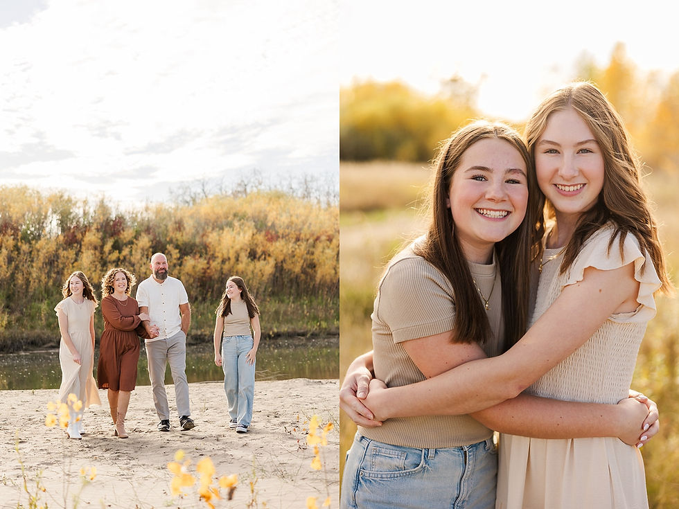 Family of four walking on a sandy path near autumn trees, smiling. Two girls hugging with joy in a sunlit field, dressed in neutral tones.