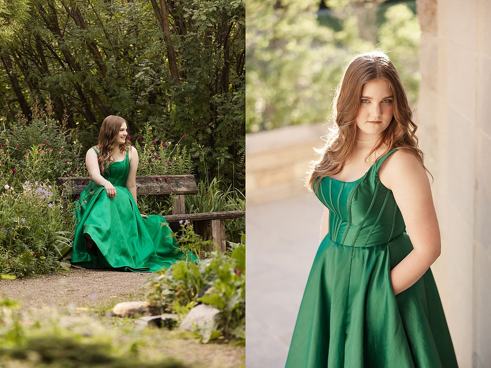Young woman in a vibrant green dress sits on a garden bench, surrounded by lush foliage. She looks serene and softly smiles.