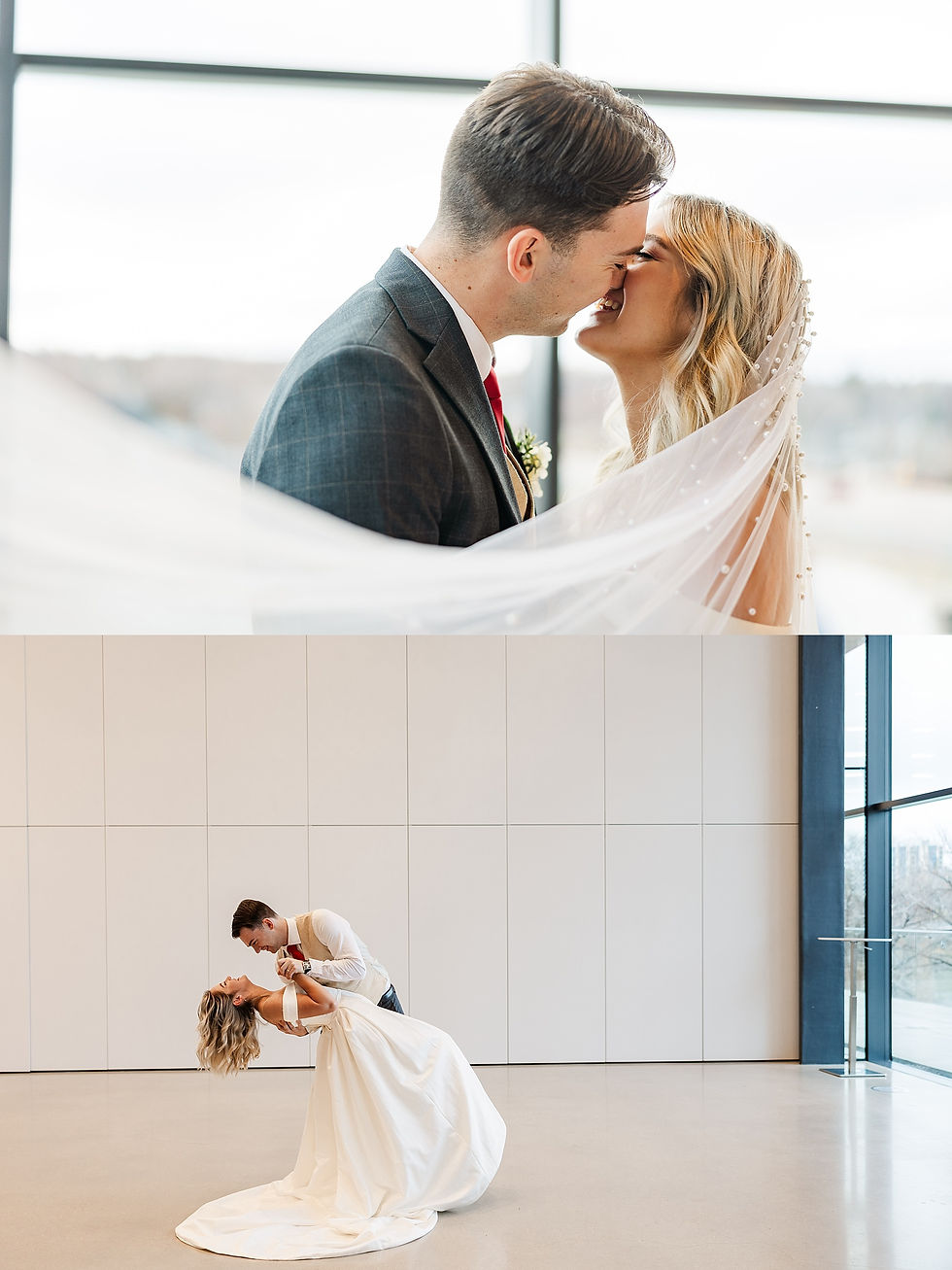 Bride and groom kissing, smiling, and dancing in a bright room. She's in a white dress, he's in a suit. Large windows in the background.