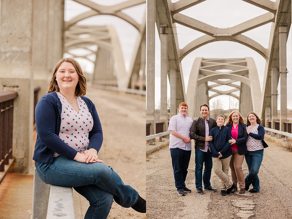 A smiling person leans on a bridge railing. Nearby, a group of five people poses under an arch bridge. They appear happy and relaxed.