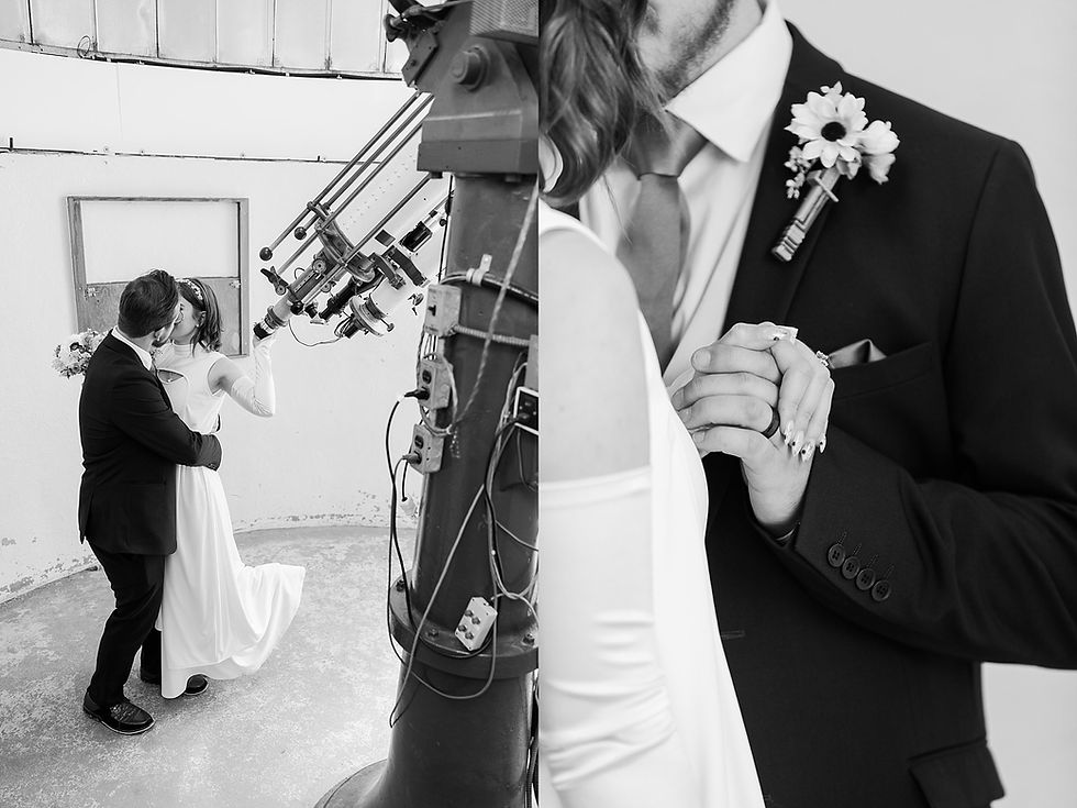 A couple kisses under a telescope in a bright observatory. They're dressed elegantly, with flowers on the man's lapel, conveying romance.