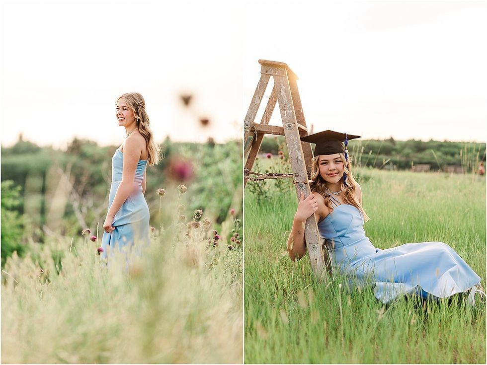 lady in graduation dress in field with sun behind