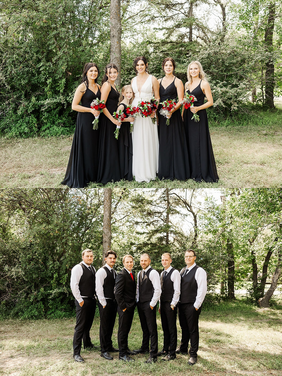 Bridesmaids in black dresses and bride in white hold red bouquets; groomsmen in vests and ties stand in a lush green outdoor setting.