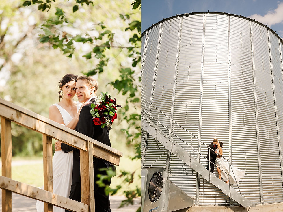 Bride and groom embrace on a sunny, leafy bridge; wedding dress flowing. They kiss on a metal staircase against a large silver silo.