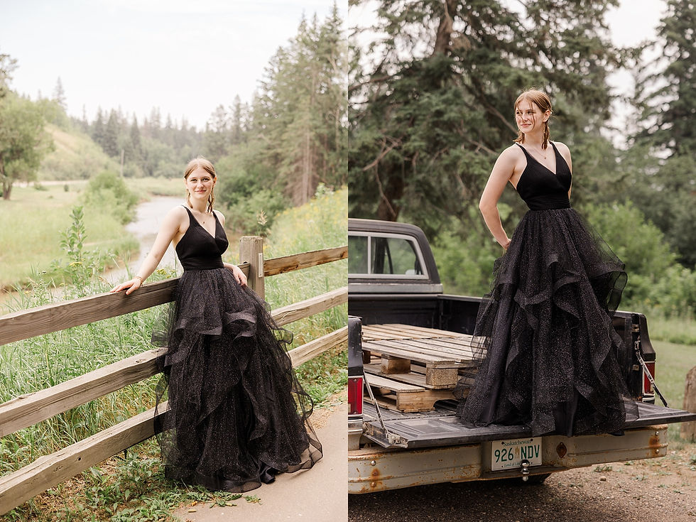 Woman in a flowing black dress poses outdoors; one shot by a wooden fence near trees and a stream, another on a truck bed with wood.