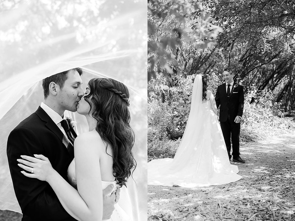 Black-and-white wedding collage: bride and groom kiss under veil, then stand smiling in a wooded garden path.