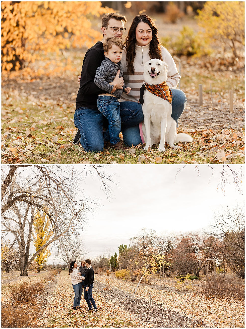 family in fall leaves