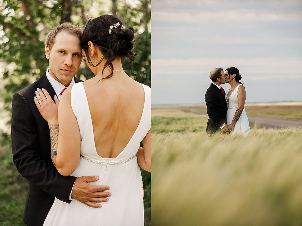 Bride in white dress and groom in black suit embrace in lush greenery, and kiss in a field. Romantic, serene outdoor scenes.