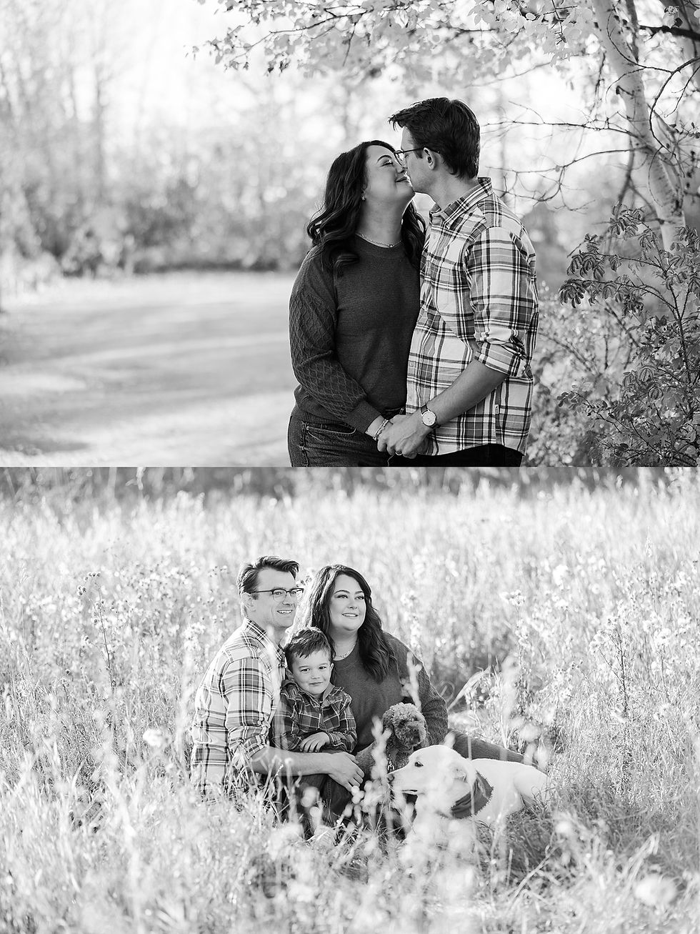 A couple stands together under a tree, smiling. Below, the family sits in a meadow with their child and dog, exuding warmth and togetherness.